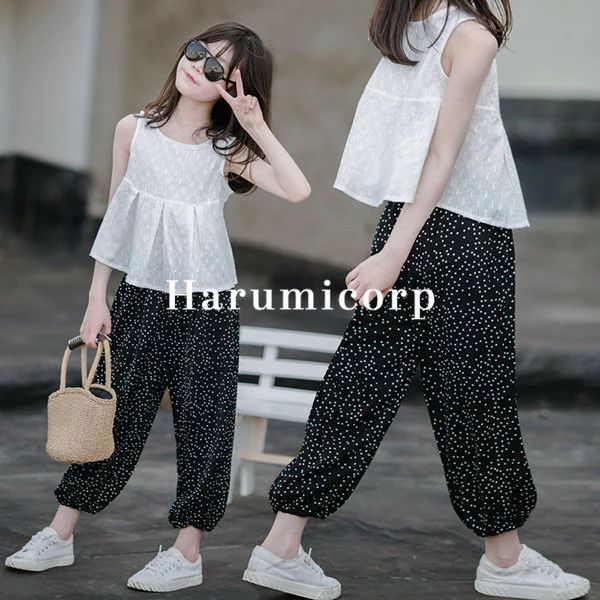 Long-Trousers, Trousers - 子供服 九分丈パンツ キッズ 女の子 春夏 韓国子供服 ズボン シフォン 水玉 ジャージパンツ ボトムス ストレッチパンツ 子ども服 ジュニア ベビー服 可愛い おしゃれ ウェストゴム 伸びる 中学生 カジュアル シンプル ゆったり 新品 160cm 150cm 140cm 130cm 120cm 110cm