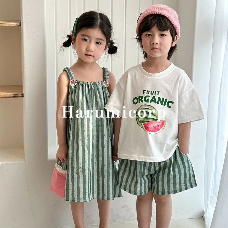 セットアップ キッズ 兄妹 上下セットスイカ柄 男の子 女の子 ワンピース ベビー服 シャツ 半袖 綿 ハーフパンツ 春 夏 子供服 ジュニア 赤ちゃん ダンス衣装 ヒップホップ おしゃれ 可愛い 入学 入園 幼稚園 小学生 80cm 90cm 100cm 110cm 120cm 130cm 140cm 150cm