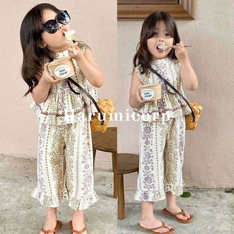 樂天商城 - セットアップ キッズ 子供服 女の子 ベビー服 上下セット花柄 袖なしシャツ ガウチョパンツ九分丈 韓国こども服 ジュニア 夏服 おしゃれ 可愛い 春 夏 誕生日 プレゼント 入園 入学 保育園 幼稚園 お出かけ 90 100 110 120 130