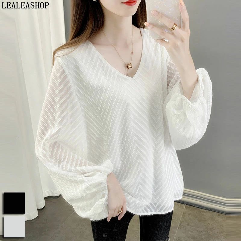 ボリュームスリーブ シアー ブラウス Vネック エレガント トップス 長袖 レディースファッション ゆったり 楽ちん オーバーサイズ 体型カバー マタニティ カジュアル オフィス 仕事着 ふんわり 40代 50代 60代