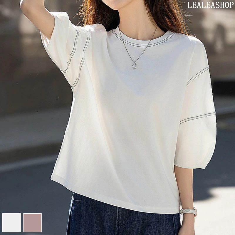 コットン 綿 パフスリーブ 5分袖 カットソー ラウンドネック Tシャツ ブラウス トップス 半袖 ゆったり 楽ちん オーバーサイズ 体型カバー カジュアル オフィス 仕事着 ふんわり 春物 夏物 レディース ワンピスター 春 夏 秋