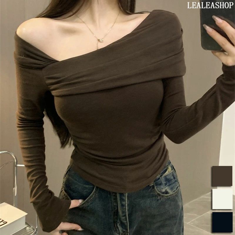 トップス アシメントリートップス ドレープデザイントップス レディース 春 秋冬 長袖 ワンショルダーアシンメトリー オフショルダー カシュクール カットソー アンバランスドレープカットソー