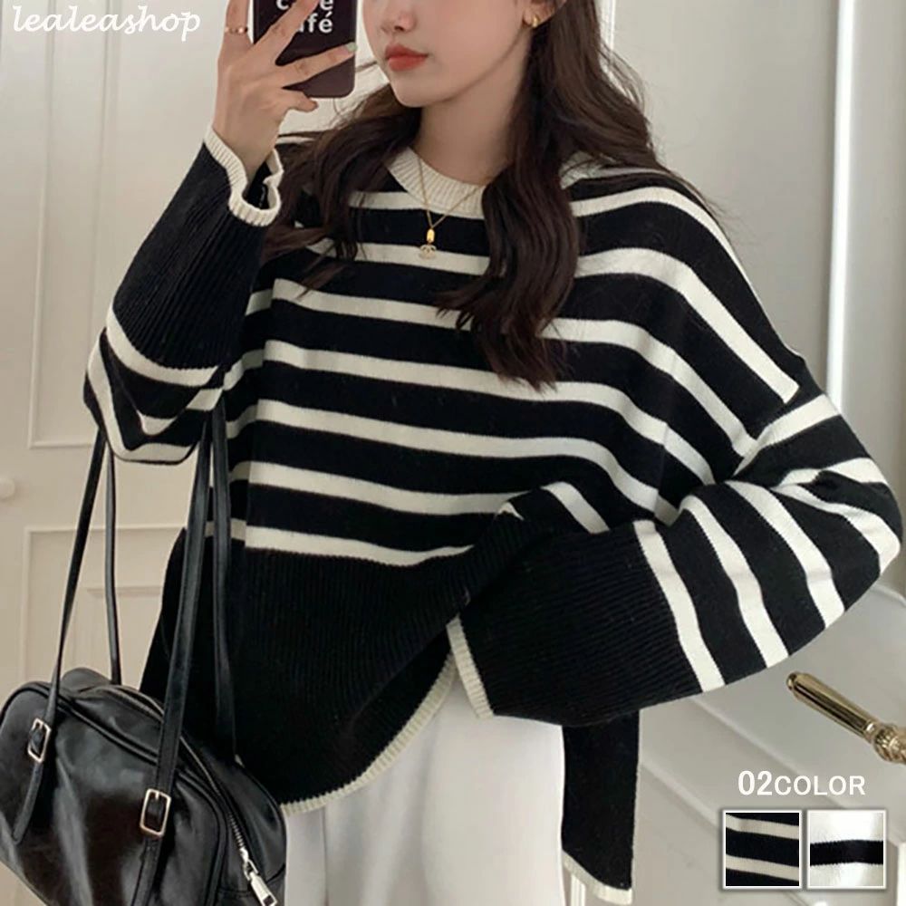 無地 ボーダー クルーネック 長袖 ニット トップス レディース ニットトップス セーター プルオーバー オーバーサイズ ボリューム袖 丸首 体型カバー 着まわし セットアップ ベーシック トレンド オフィス 秋冬 春 秋 冬