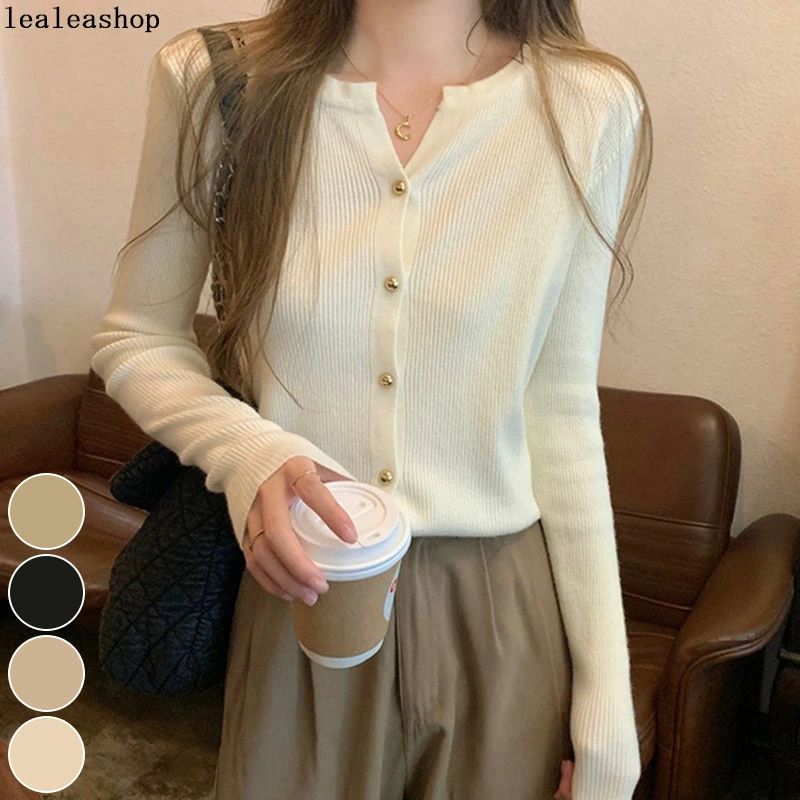 カーディガン レディース ニット ニットカーディガン 長袖 アウター 羽織 トップス ニットセーター リブニット クルーネック シンプル 定番 オフィス オフィスカジュアル カジュアル きれいめ 春 秋 冬 韓国 韓国ファッション