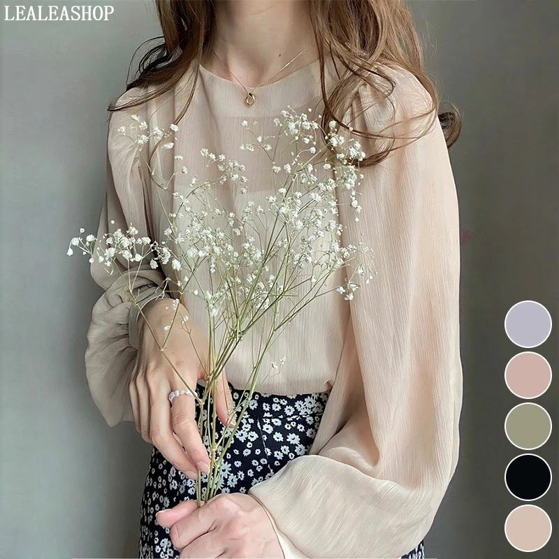 ニュアンスカラーシアーブラウス レディース トップス 長袖 シャツ プルオーバー ラウンドネック 春 夏 やわらか 透け感 涼しげ 清涼感 フェミニン ギャザー バルーン スリーブ ワンカラー 凹凸生地 ゆったり ゆるコーデ 大人