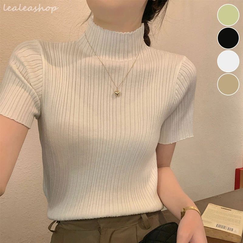 送料無料 トップス Tシャツ レディース カットソー半袖 フレンチスリーブ リブ プチハイネック サマーニット シンプル コンパクト レイヤード ドライタッチ 上品 大きいサイズ