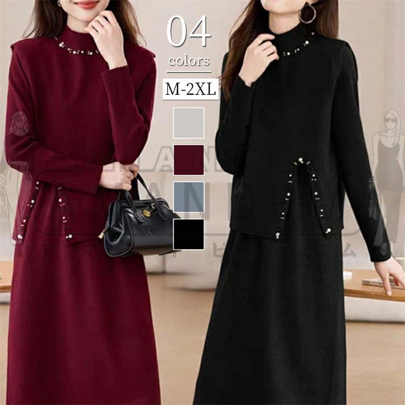 セットアップ レディース 秋 春 秋冬 きれいめ カジュアル 韓国 2点セット 長袖 ニット セーター ワンピース トップス エレガント インナー クリスマス 2点セット スーツ 暖か 防寒 長袖 ロング おしゃれ 大人 ボトムス 上下セット 体型カバー 着回し 無地 50代