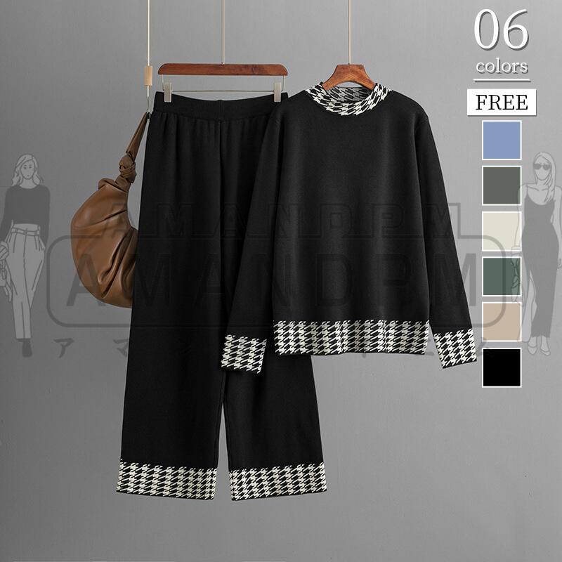 セットアップ レディース 秋 冬 春 きれいめ カジュアル 韓国 2点セット トップス ニット ニットセットアップ 2点セット パンツスーツ クールネック 千鳥柄 セーター ハイネック ロングパンツ ワイドパンツ ゆったり おしゃれ 体型カバー 着痩せ 通勤 OL 50代