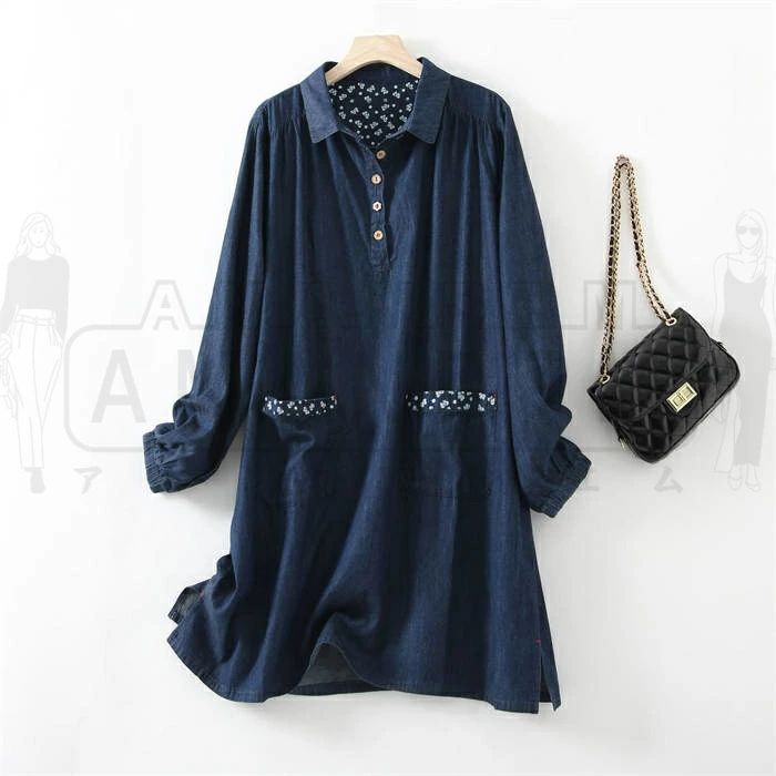 チュニック シャツ デニム レディース 綿 長袖 カジュアル きれいめ 春 秋 韓国 エレガント ロングシャツ 折り襟 長袖 無地 トップス デニムシャツ プルオーバー 配色 ボタン 通勤 OL オフィス ゆったり 体型カバー シンプル レトロ 大人 体型カバー 30代 20代 40代 50代