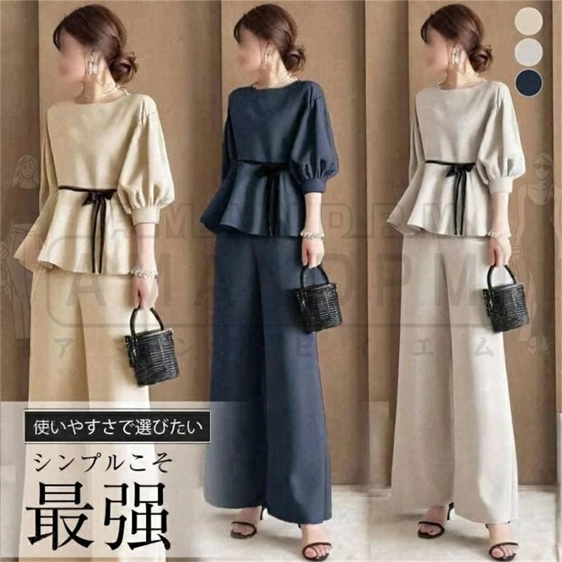 セットアップ レディース カジュアル きれいめ 春 夏 秋 上下セット tシャツ ワイドパンツ 2点セット パンツスーツ トップス 上下セット リボン 無地 丸首 大きいサイズ 大人 5分袖 ゆったり デート お出かけ 着回し 体型カバー お洒落 通勤 韓国 30代 40代 50代