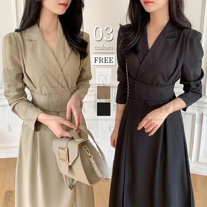 ワンピース レディース 春 秋 きれいめ カジュアル ロング 黒 長袖 韓国 ウエストベルト Vネック 襟付き ラップ風 上品 オフィス おしゃれ トレンド 人気 ファッション 小顔効果 タイト ゆったり 体型カバー 大きいサイズ 無地 着痩せ 着回し 細見え 通勤 30代 40代 50代