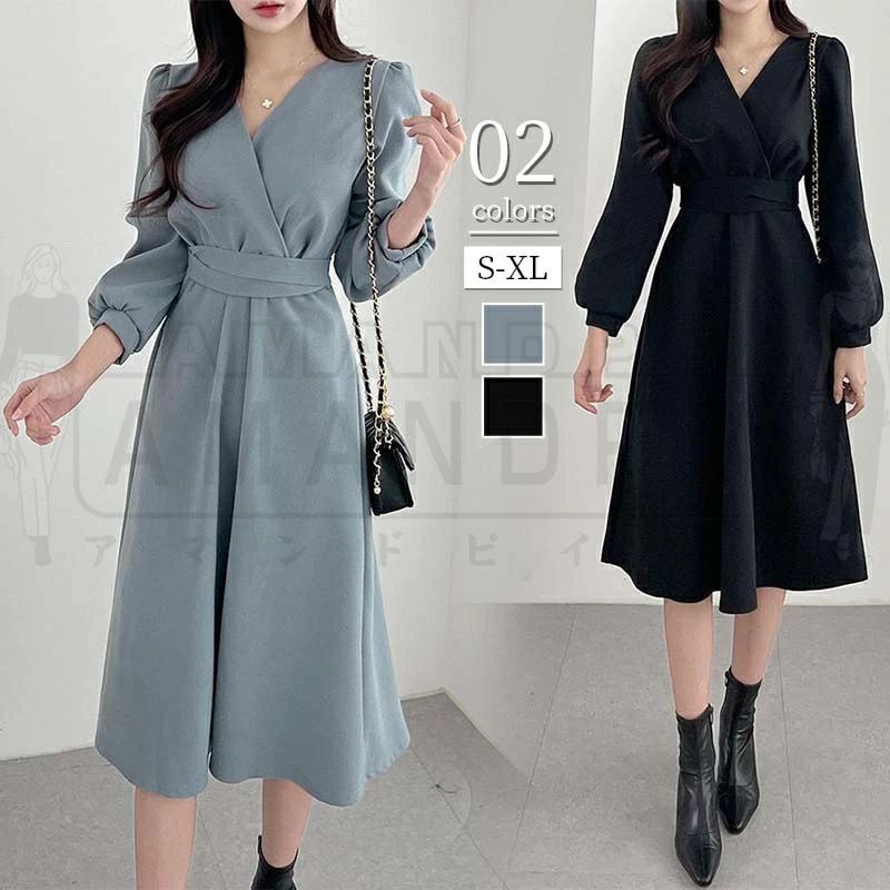 ワンピース レディース 秋 春 冬 きれいめ カジュアル 韓国 ロングワンピース ロング フォーマル 長袖 Aライン 膝丈 大きいサイズ Vネ..