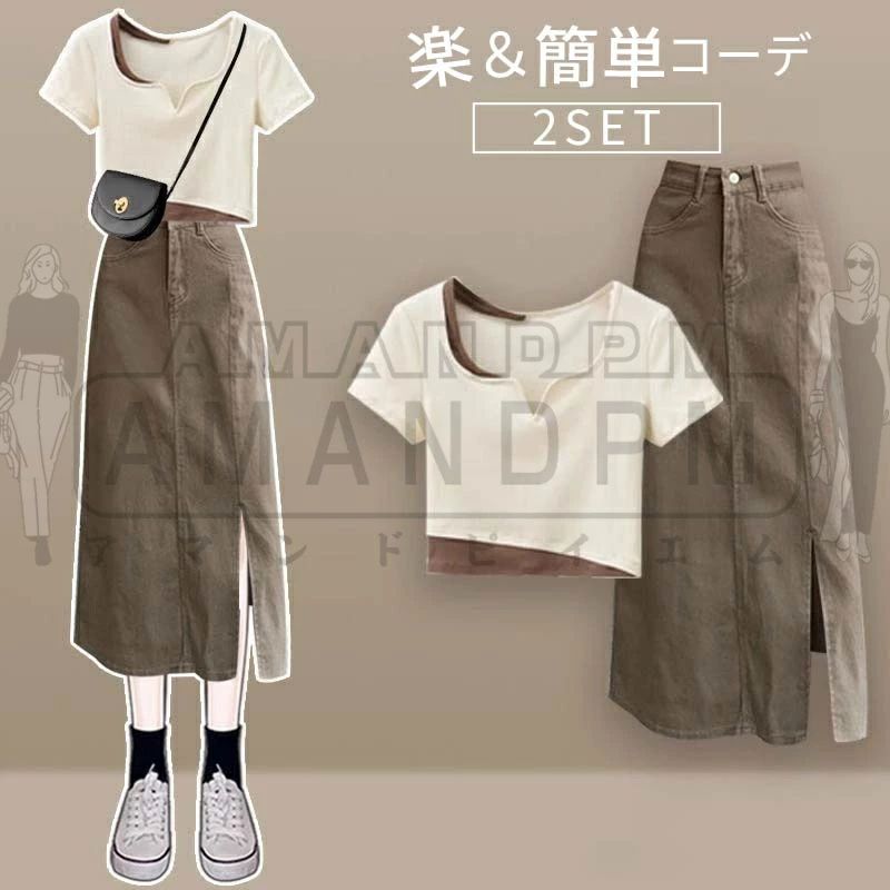 セットアップ レディース カジュアル きれいめ 春 秋 夏 韓国 スカートセット Tシャツ スカート デニムスカート トップス 上下セット ファッション 切り替え UVカット ファション スリット 可愛い 大きいサイズ お出かけ デート 日常服 通勤 通学 20代 30代 40代 50代