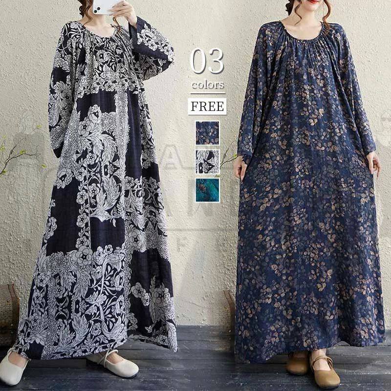 樂天商城 - ワンピース レディース きれいめ カジュアル 春 秋 ロングワンピース ロング 花柄 ナチュラル 長袖 丸首 秋物 大人可愛い ゆったり 快適 ポケット付き Aライン 体型カバー 大きいサイズ 着回し ファッション お出かけ 細見え 無地 上品 大人 シンプル 30代 40代 50代