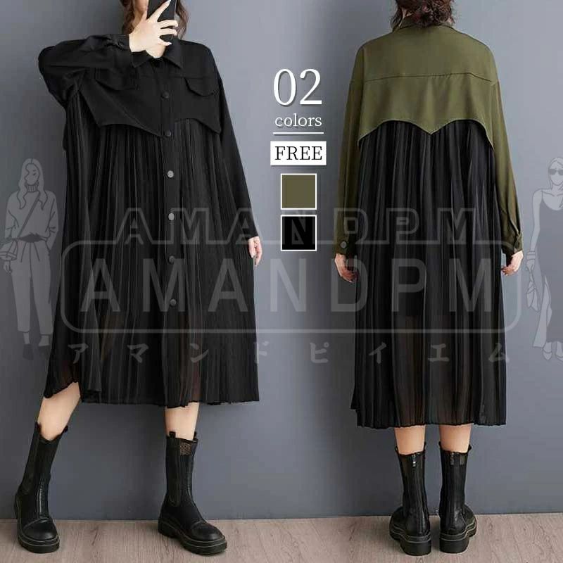 ワンピース レディース きれいめ カジュアル 春 秋 韓国 ロング シャツワンピース シャツ 前開き 膝丈 長袖 切り替え 秋物 ドッキング 羽織り 大人可愛い ゆったり プリーツ 透け感 Aライン 体型カバー 大きいサイズ 着回し お出かけ 上品 大人 シンプル 30代 40代 50代(4.0)