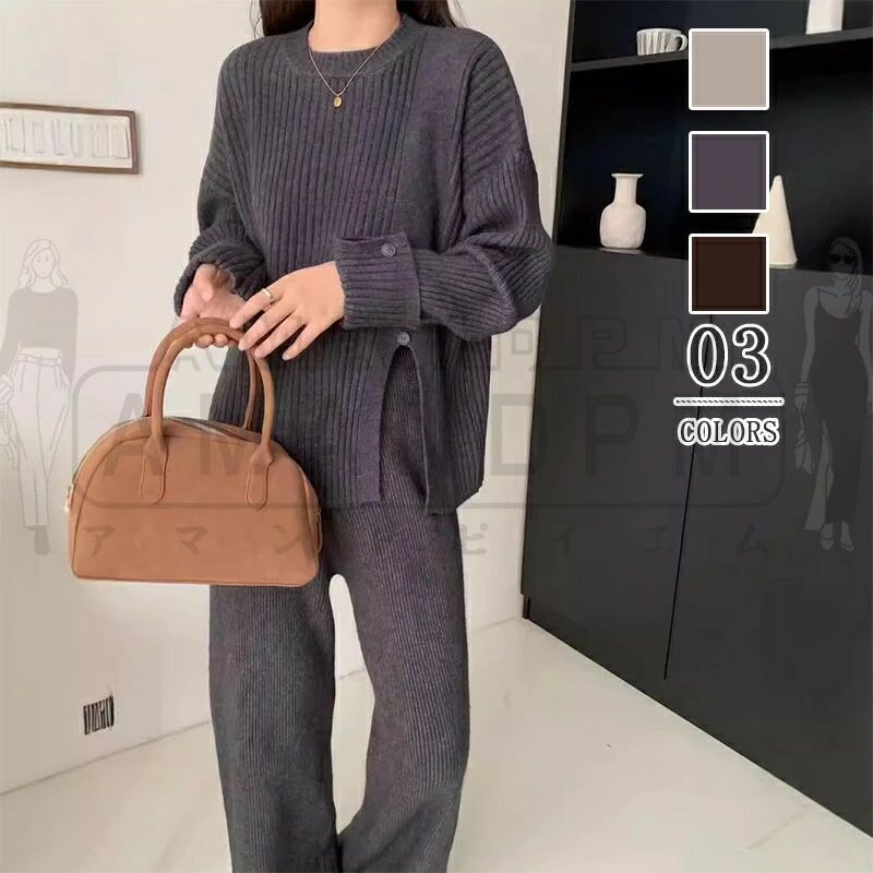 ニット セットアップ レディース カジュアル パンツ 上品 きれいめ 秋冬 長袖 ニット コーデ セーター ニットアップ クルーネック ワイドパンツ ケーブルニット スリット ゆったり シンプル 大人 トレンド 大きいサイズ 2点セット 上下セット 韓国 20代 30代 40代 50代