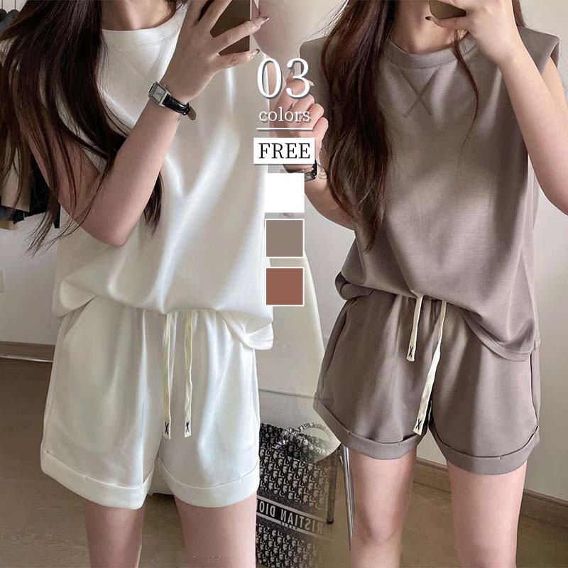 セットアップ レディース カジュアル 夏 韓国 運動 フレンチスリーブ Tシャツ パンツ ハーフパンツ ベスト 涼感 短パン 楽ちん 無地 大人 おしゃれ 可愛い トップス タンクトップ ノースリーブ ショート丈 シンプル ゆったり 着痩せ 大きいサイズ 30代 40代 50代