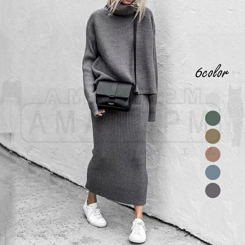 セットアップ レディース ニットセットアップ ニットセーター セーター ロング 秋冬 長袖 カジュアル 上下セット セーター ハイネック スカート ミモレ丈 オシャレ 大人 ゆったり 着痩せ 通勤 プルオーバー 20代 30代 40代