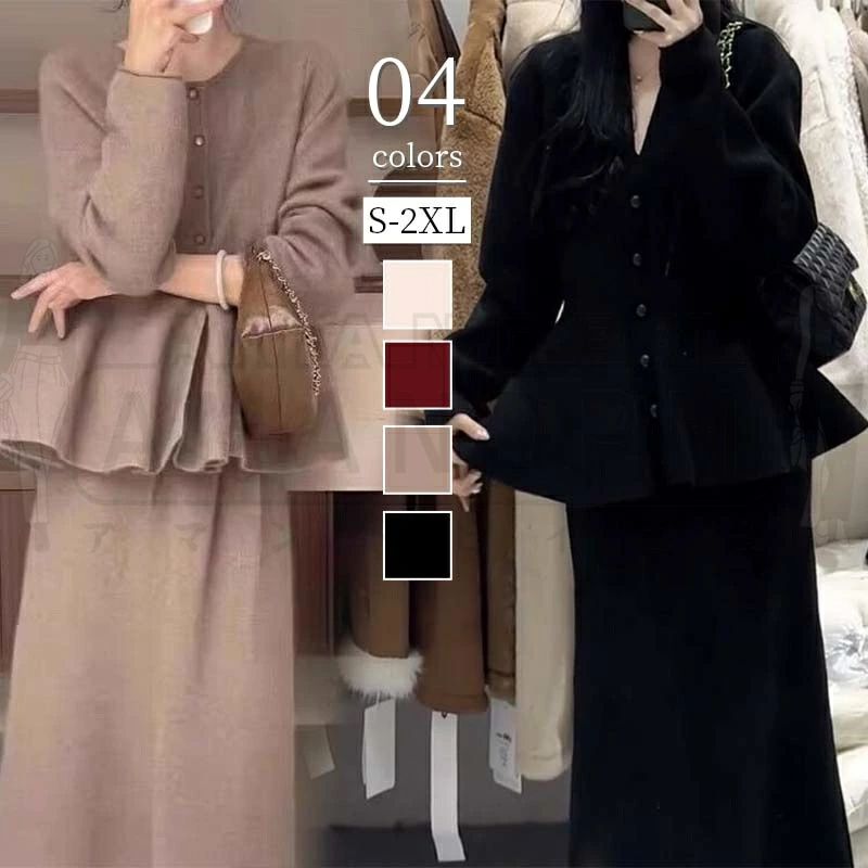 セットアップ スカートスーツ ワンピース レディース 秋冬 春 秋 冬 ブラウス ロングスカート トップス 上下 セーター カジュアル 体型..