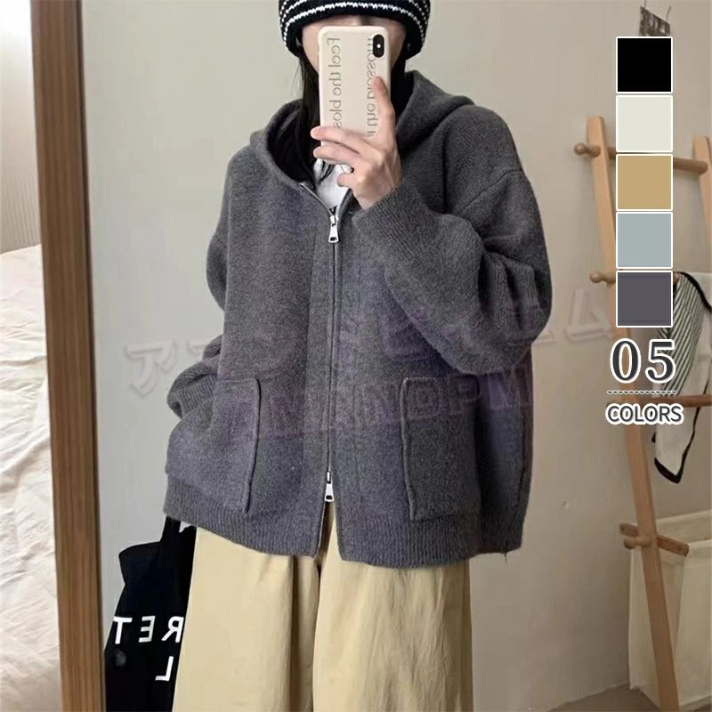 樂天商城 - パーカー ニット レディース 春 秋 ジャケット フード付き コート ショート丈 トップス セーター 無地 体型カバー ポケット付き 大人 暖かい 柔らかい 軽量 防寒 着痩せ ゆったり 大きいサイズ シンプル ダブルファスナー 通勤 普段着 着回し力 着痩せ お洒落 30代 40代 50代