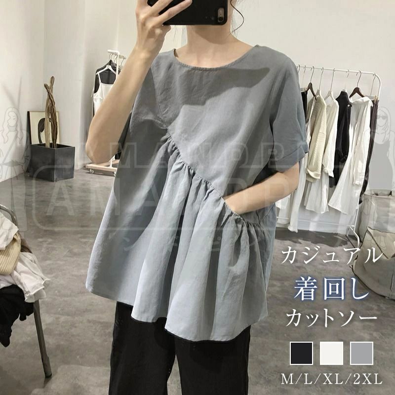 T-Shirts - Tシャツ レディース 40代 きれいめ 春夏 上品 ポケット 半袖tシャツ 白Tシャツトップス プリーツ 切り替えブラウス 韓国風 オシャレ 大人 通勤 ゆったり 着痩せ 30代 50代
