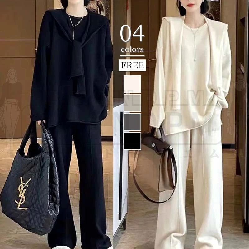 セットアップ レディース 秋 冬 秋冬 きれいめ カジュアル 韓国 3点セット ショール パンツ ワイドパンツ インナー 長袖 ニット 羽織り セーター モード 大人 おしゃれ ゆったり フェミニン 体型カバー シンプル 着痩せ 通勤 お出かけ 着回し 30代 40代 50代