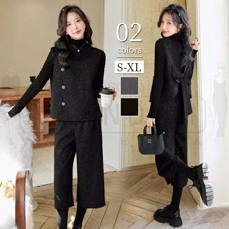 セットアップ レディース 春 秋 冬 秋冬 きれいめ カジュアル 韓国 3点セット ベスト ジレ 後ろボタン ワイドパンツ パンツスーツ 袖なし バックジャン ベスト レイヤード風 重ね着 インナーTシャツ付き さらりと心地よい 着痩せ シンプル オフィス フォーマル 通勤 OL