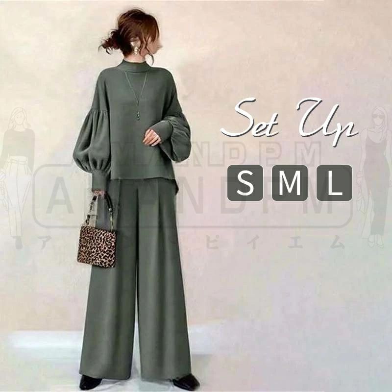 ◆サイズ詳細： 【S】トップス丈57-67 袖丈48 肩幅58 バスト100 パンツ丈98 ヒップ94 ウエスト62 【M】トップス丈58-68 袖丈49 肩幅59 バスト104 パンツ丈99 ヒップ98 ウエスト66 【L】トップス丈59-69 袖丈50 肩幅60 バスト108 パンツ丈100 ヒップ102 ウエスト70 ◆アマンドピィエム ◆商品説明 華やかで愛らしいふわり立体的なトップに、すらりと伸びるパンツを合わせた、甘くなりすぎないセミスイートなセットアップ。ゆったりした作りでボデイラインを強調しすぎず、体型カバーしてくれて着痩せる効果が期待できます。無地でシンプルなデザインで、大人らしい落ち着いた印象が引き立てます。 身体のラインを拾わないゆったりシルエットのセットをチョイスすれば、お腹周りをさりげなくカバーできます。落ち着きのある上品な2点セット。ゆったりとしたシルエット＆合わせやすい無地なパンツスーツ、着回しの強い味方になりそうですね。大人の女性に嬉しい上品で洗練された雰囲気を演出！ 人気、流行のふんわりシルエットで女の子らしい印象を与え、ちょいゆるカワにもキレイめにも使えるかわいいカジュアルでお洒落でシンプルデザインのバルーン袖トップスとロングパンツ ルームウェア上下セットです。お尻まですっぽり隠れ体系隠し体型カバーもしてくれます。 クールネックの長袖トップスはシンプルでエレガントなデザインが特徴です。シャープなクール字のネックラインが首元を美しく引き立てます。柔らかさと耐久性を兼ね備えています。 ワイドレッグパンツはリラックスしたフィット感で、足首から膝までの広がりが自然な動きをサポートします。長時間着用しても快適なので、仕事中やリラックスタイムに最適です。 ◆注意事項: ※平置き素人採寸ですので多少の誤差はご容赦下さい。 ※お客様ご使用のPC環境により商品画像のカラーが多少異なる場合があります。 ※仕入時期により多少デザインなど異なる場合があります。ご了承ください。◆サイズ詳細： 【S】トップス丈57-67 袖丈48 肩幅58 バスト100 パンツ丈98 ヒップ94 ウエスト62 【M】トップス丈58-68 袖丈49 肩幅59 バスト104 パンツ丈99 ヒップ98 ウエスト66 【L】トップス丈59-69 袖丈50 肩幅60 バスト108 パンツ丈100 ヒップ102 ウエスト70 ◆アマンドピィエム ◆商品説明 華やかで愛らしいふわり立体的なトップに、すらりと伸びるパンツを合わせた、甘くなりすぎないセミスイートなセットアップ。ゆったりした作りでボデイラインを強調しすぎず、体型カバーしてくれて着痩せる効果が期待できます。無地でシンプルなデザインで、大人らしい落ち着いた印象が引き立てます。 身体のラインを拾わないゆったりシルエットのセットをチョイスすれば、お腹周りをさりげなくカバーできます。落ち着きのある上品な2点セット。ゆったりとしたシルエット＆合わせやすい無地なパンツスーツ、着回しの強い味方になりそうですね。大人の女性に嬉しい上品で洗練された雰囲気を演出！ 人気、流行のふんわりシルエットで女の子らしい印象を与え、ちょいゆるカワにもキレイめにも使えるかわいいカジュアルでお洒落でシンプルデザインのバルーン袖トップスとロングパンツ ルームウェア上下セットです。お尻まですっぽり隠れ体系隠し体型カバーもしてくれます。 クールネックの長袖トップスはシンプルでエレガントなデザインが特徴です。シャープなクール字のネックラインが首元を美しく引き立てます。柔らかさと耐久性を兼ね備えています。 ワイドレッグパンツはリラックスしたフィット感で、足首から膝までの広がりが自然な動きをサポートします。長時間着用しても快適なので、仕事中やリラックスタイムに最適です。 ◆注意事項: ※平置き素人採寸ですので多少の誤差はご容赦下さい。 ※お客様ご使用のPC環境により商品画像のカラーが多少異なる場合があります。 ※仕入時期により多少デザインなど異なる場合があります。ご了承ください。