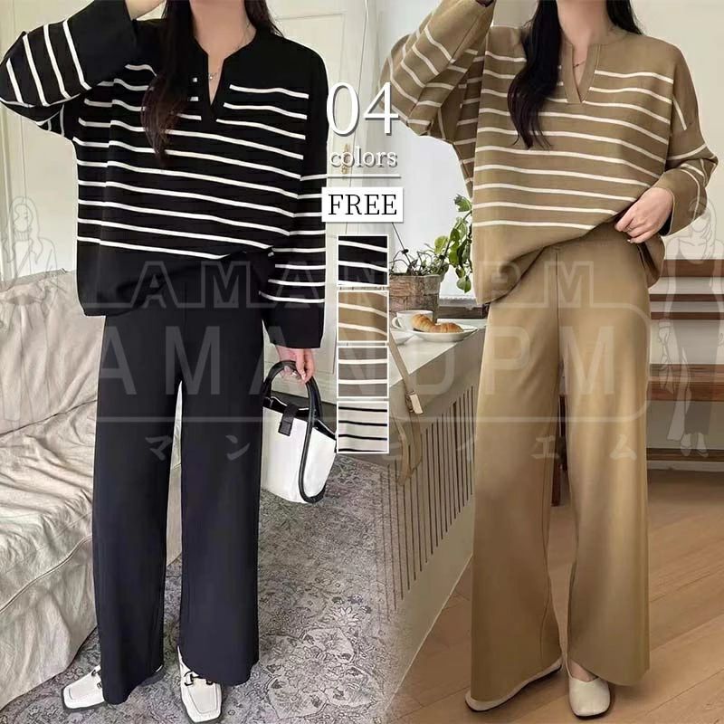 Suits For Job Interviews - セットアップ レディース 秋 冬 秋冬 きれいめ カジュアル 韓国 2点セット パンツ 長袖 パンツスーツ ワイドパンツ キーネック ルームウェア 部屋着 2点セット セーター ニットウェア 大人 ストライプ 通勤 ゆったり 体型カバー シンプル おしゃれ 黒 30代 40代 50代