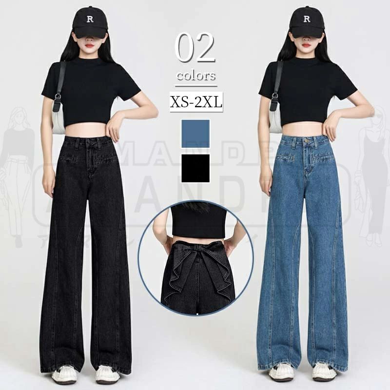 デニム レディース きれいめ 春 夏 秋 韓国 デニムパンツ オーバーパンツ ストレートパンツ ジーンズ ロング ワイドパンツ ボトム カジュアル 大きいサイズ 体型カバー おしゃれ ゆったり ハイウエスト バックリボン 体型カバー ズボン 美脚 着痩せ 20代 30代 40代 50代