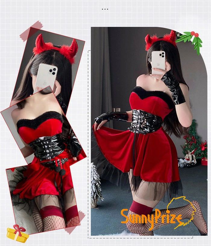 サンタコス クリスマス コスプレ レディース ワンピース ケープ セットアップ 小悪魔風 デビル風 かわいい ハロウィン 冬 暖かい レース 裾チュール ベルト付き 赤黒 サンタ衣装 イベント 発表会 パーティー コスチューム MLサイズ mm006x0x0x0 3