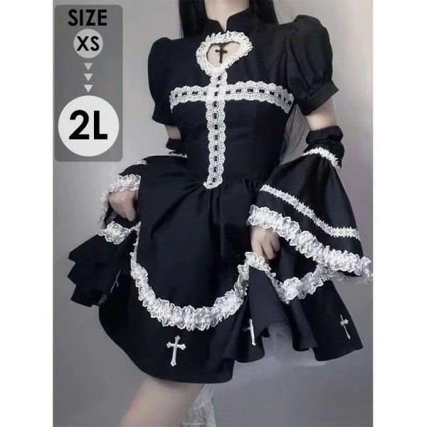 ロリータ ワンピース 十字架デザイン 小悪魔風 ブラックドレス ハロウィン 暗黒風 ロリィタファッション コスチューム コスプレ 衣装 可愛い 仮装 パーティー ゴスロリ 可愛い レディース フレアスカート仮装 パーティー イベント ブラック XS S M L 2L eb001m7m7lc