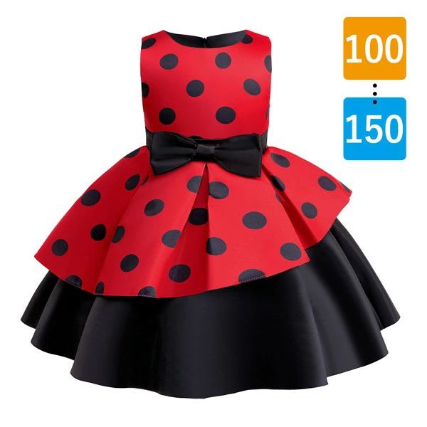 キッズドレス ハロウィン 水玉柄 ドット柄 パーティー ドレス 膝丈 ノースリーブ コスチューム衣装 子供ドレス パーティードレス カラードレス ワンピース お姫様 リボン 女の子 子供 かわいい 演出 イベント 写真用 レッド ブラック 100 110 120 130 140 150 mj016m4m4lc