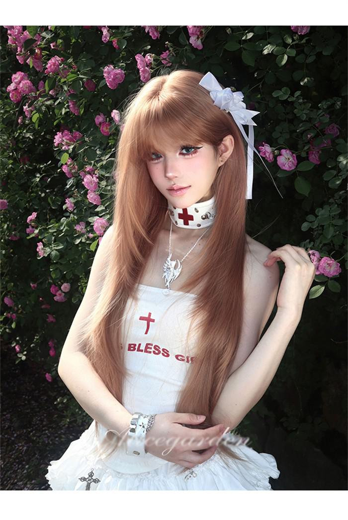 ウィッグ レディース ローズゴールド フルウィッグ ロング ストレート ぱっつん前髪 前髪あり 可愛い かわいい 大人用 コスプレ ロリータ ゴスロリ コスチューム 原宿風 仮装 超自然 かつら wig Lolita 小顔 文化祭 イベント 学園祭 ハロウィン hl102d7d7x0 2
