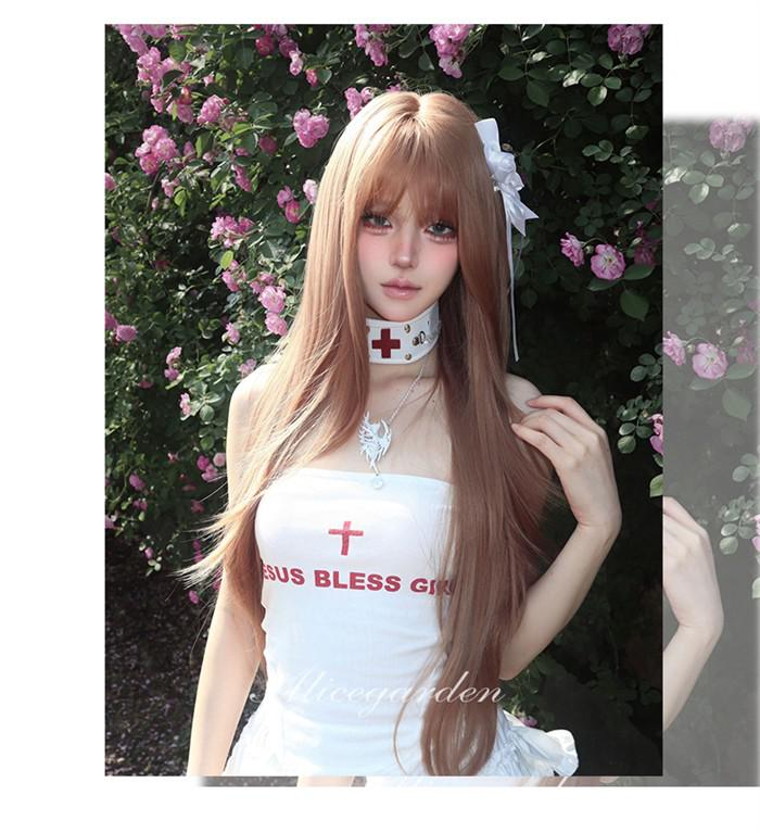 ウィッグ レディース ローズゴールド フルウィッグ ロング ストレート ぱっつん前髪 前髪あり 可愛い かわいい 大人用 コスプレ ロリータ ゴスロリ コスチューム 原宿風 仮装 超自然 かつら wig Lolita 小顔 文化祭 イベント 学園祭 ハロウィン hl102d7d7x0 3