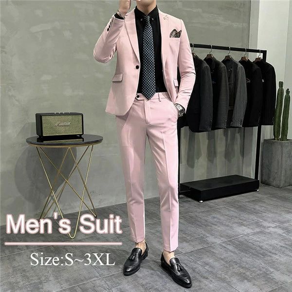 Double - ピンクスーツ 無地 1ボタン スリムスーツ ビジネススーツ メンズ シングル メンズスーツ 紳士服 シンプル 大きいサイズ おしゃれスーツ 細身 結婚式 面接 オシャレ 男性用　就職活動 結婚式 二次会 謝恩会 パーティー dg335g4g4l9