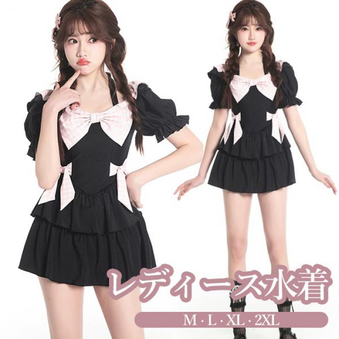 リボン付き水着｜ワンピース水着 地雷系 量産型 服みたいな 水着 レディース チェック柄 半袖 リボ...