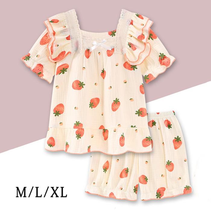 【ルームソックス1点プレゼント】パジャマ レディース 半袖 ガーゼ 夏用 春夏 ショートパンツ ハーフパンツ セットアップ ルームウェア いちご柄 綿 上下セット 部屋着 寝間着 スクエアネック ウエストゴム 薄手 ゆったり 女性 リラックス おしゃれ ベージュ dh125zbzbx0