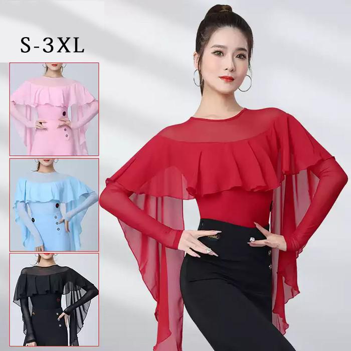 社交ダンス トップス レオタード 股下ホック 長袖 透け感 フリル 胸パッド付き ラテン モダン タンゴ サンバ ダンスウェア レディース 社交ダンス衣装 コンサート 舞台用 ステージ衣装 練習着 レッスンウェア ブラック レッド ピンク ブルー S-4L be179zbzbx0