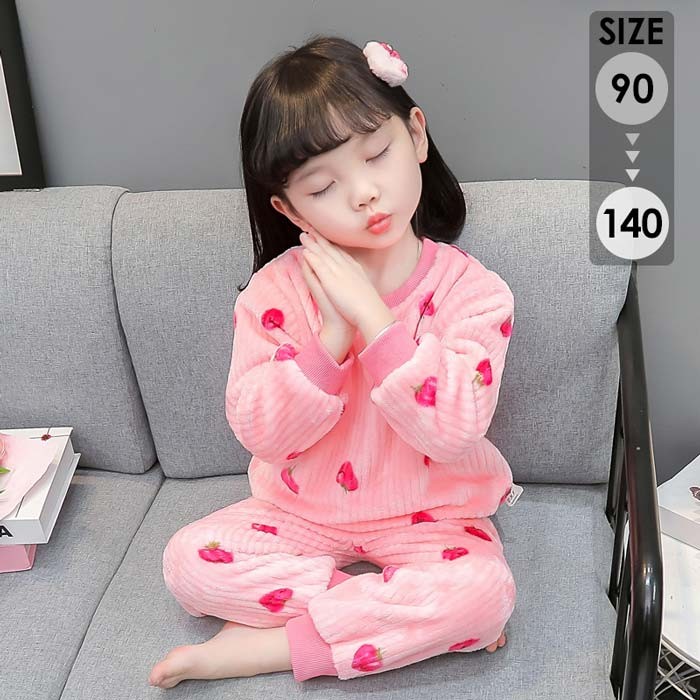 【ルームソックス1点プレゼント】キッズパジャマ もこもこ パジャマ ルームウェア 上下セット イチゴ柄 キッズ ナイトウェア 子供 女の子 冬 かわいい おしゃれ ジュニア 長袖 韓国 部屋着 誕生日 プレゼント 暖かい トップス ズボン フランネル 保温 防寒 dh030m3m3x0