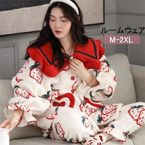 乐天商城 - 【ルームソックス1点プレゼント】ルームウェア レディース いちご柄 着る毛布 フリル もこもこ 上下セット ズボン パンツ パジャマ 冬 長袖 防寒 寝巻き 部屋着 暖かい あったか ふわふわ セットアップ 前開き ゆったり 秋冬 寝間着 ナイトウェア ナイトガウン dh018sasax0