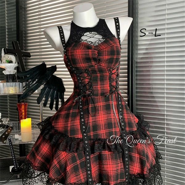 ゴシック ワンピース レディース チェック柄 ロング丈 編み上げ コルセット風 レース 切替 赤 黒 グレー 地雷系 ロリータ ゴスロリ ハロウィン コスプレ 衣装 仮装 S L n4003z7z7z7