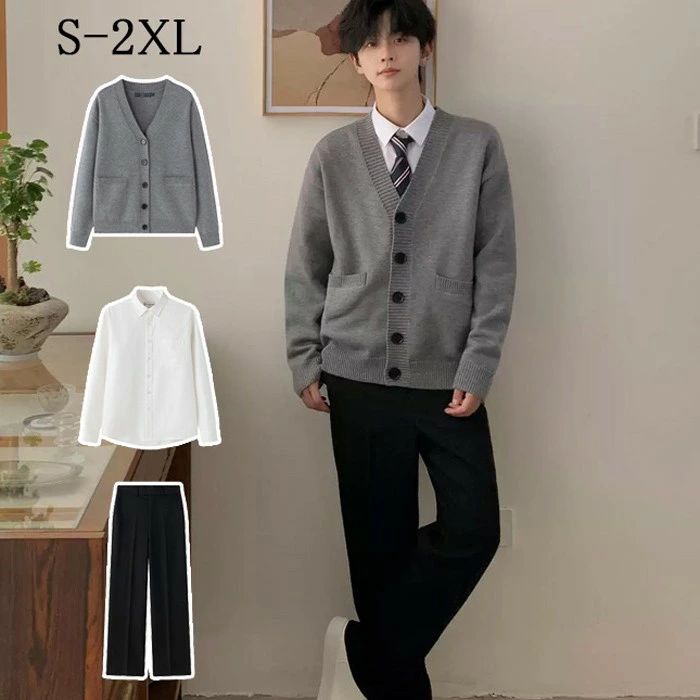 S-2XL 卒業式 スーツ 男の子 カーディガン セーター 4点セット 制服 グレー 大きいサイズ 無地 スクールカーディガン スクール カーディガン ニットベスト 春 ニットソー リブ Vネック 男の子 通学 中学生 高校生 グレー mc060zbzbm3