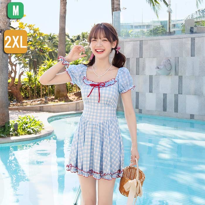 水着 レディース 体型カバー ワンピース 水着 チェック柄 ガーリー 露出控えめ ロリィタファッション かわいい ショートパンツ 着痩せ パッド付 学生 ビーチ 海デート 韓国風 温泉 df037m3