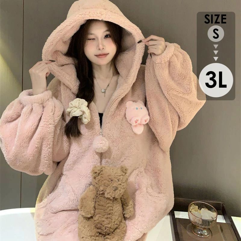 ルームウェア もこもこ パジャマ レディース 冬 かわいい 長袖 寝巻き 女性用 ふわふわ 前開き 裏起毛 可愛い 韓国 上下セット モコモコ 部屋着 プレゼント 暖かい ロングパンツ 結婚祝い あったか 帽子付き ピンク dh003m7m7m3