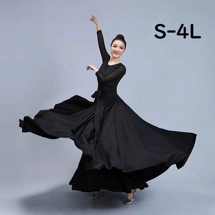 社交ダンスドレス 社交ダンス衣装 社交ダンストップス 社交ダンスボトムス スカート ブラック 大きい裾 長袖 フォークダンス ステージ衣装 ダンス衣装 ダンスウェア 競技会 パーティー 発表会 競技着 練習着 舞台 演出 S-4L dm002m6m6m3