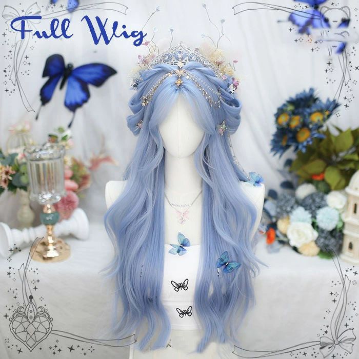 Full Wigs （Male） - フルウィッグ ロング ウィッグ ブルー グラデーション 耐熱 自然 可愛い レディース コスプレ ウェーブ カール ヘアネット付き ハロウィン パーティー イベント 学園祭 文化祭 撮影用 小顔効果 プリンセス風 ゆめかわ ロリータ風 おしゃれ 仮装 衣装 前髪付き ロングヘア