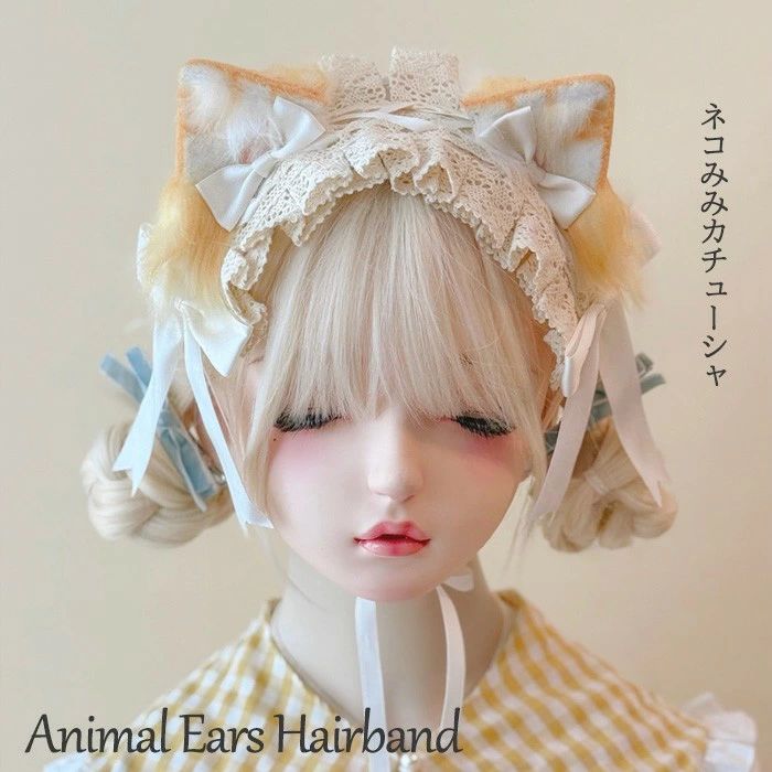 ロリータ ヘッドドレス 猫耳 ネコ耳 ケモ耳 カチューシャ フリル レース リボン 耳付き かわいい モコモコ 耳あて風 コスプレ小物 ヘアアクセサリー 学園祭 文化祭 パーティー ハロウィン bc024n1n1m3