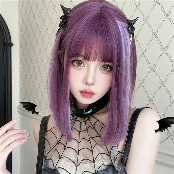 Full Wigs （Male） - フルウィッグ パープル メッシュ ショート レディース ハロウィン ふんわり前髪 前髪あり 原宿風 かつら ぱっつん前髪 コスプレ 可愛い コスチューム 仮装 大人用 文化祭 イベント 学園祭 文化祭 学芸会 舞台 演劇 変装　la070g4g4m3