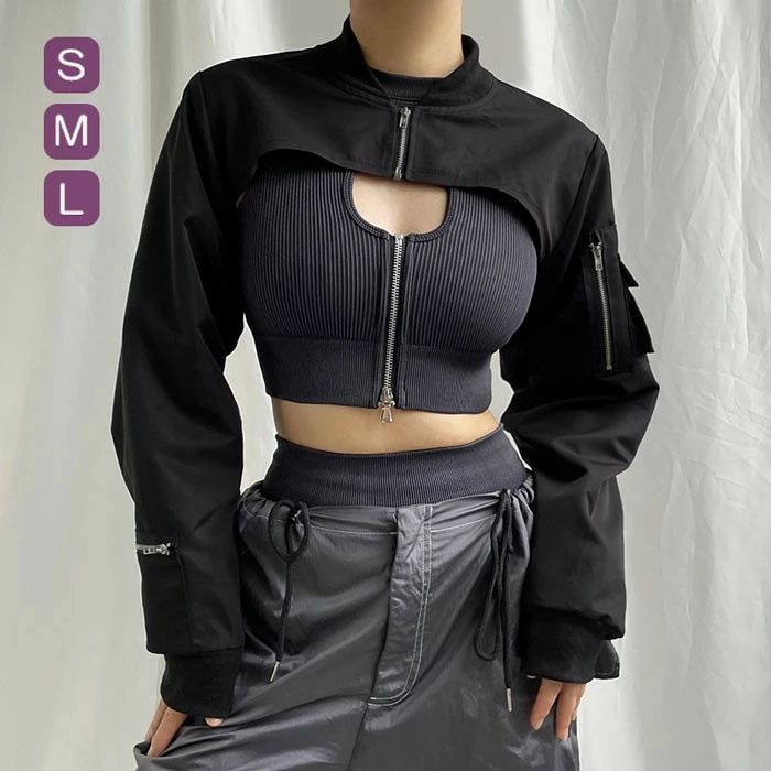 樂天商城 - ショート丈 ジャケット 長袖 ミニ丈 トップス レディース Y2K クロップトップ クロップシャツ ギャル ヒップホップ ジップ 短丈 ハイウエスト お腹見せ ストリートダンス 春 夏 秋 ダンスウエア トップス レディース ブラック S M L dk100m3